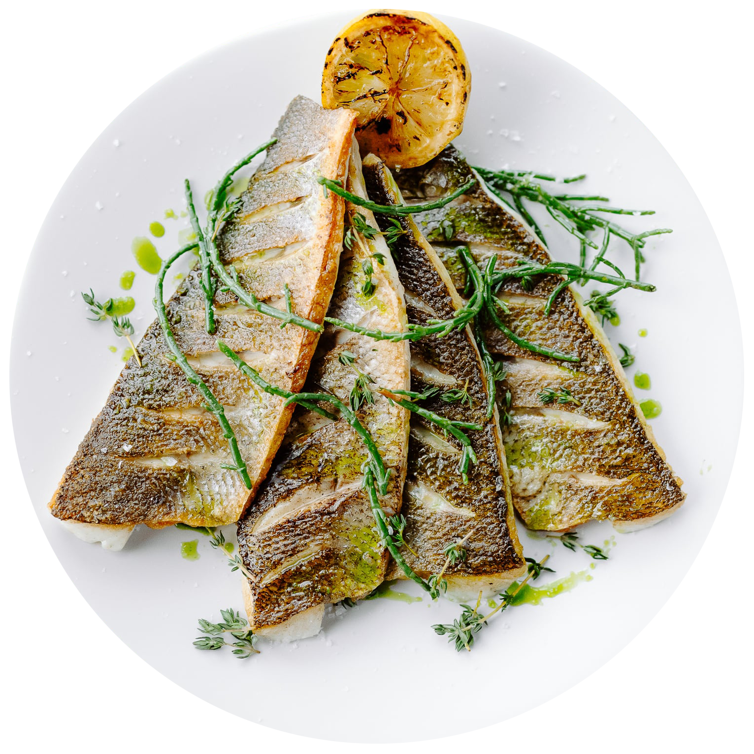 Gourmet dish with a seared piece of meat, garnished with fresh greens, creamy sauce, and a crisp pastry. Presented on a white plate with a light, artistic touch.